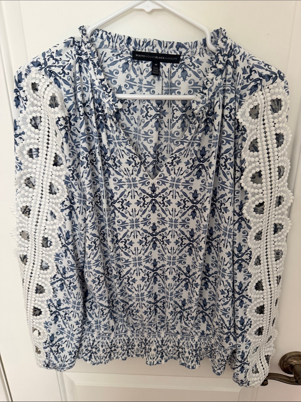 White House Black Market Navy & White Crochet-Sleeve Printed Blouse